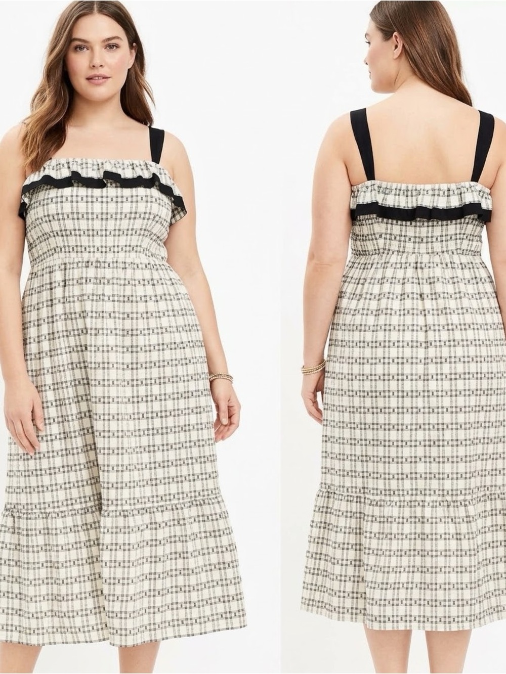 LOFT Plaid Ruffle Midi Dress Size 14 Cotton Textured Smocked Square Neck Black C